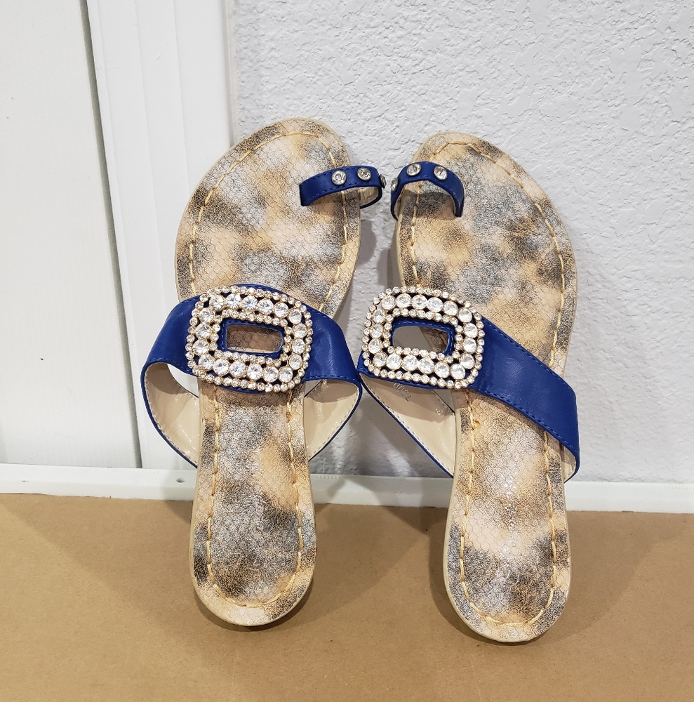 Blue and Tan Women's Sandals with Rhinestone Buckle
